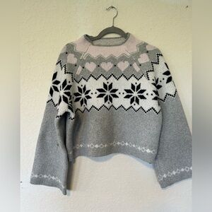Cozy Core Fair Isle Knit Sweater in Gray and Pink, Relaxed Fit Cropped Length